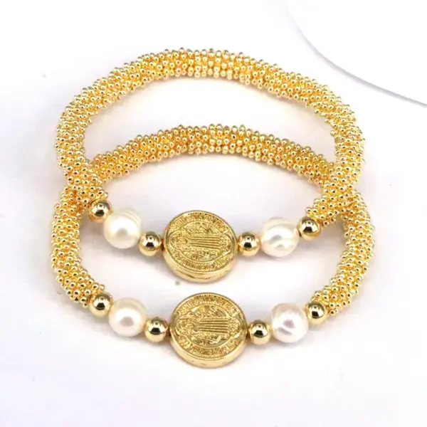 Wholesale Copper 18K Gold Plated Elegant Vintage Style Lady Plating Inlay Round Artificial Pearls Bracelets