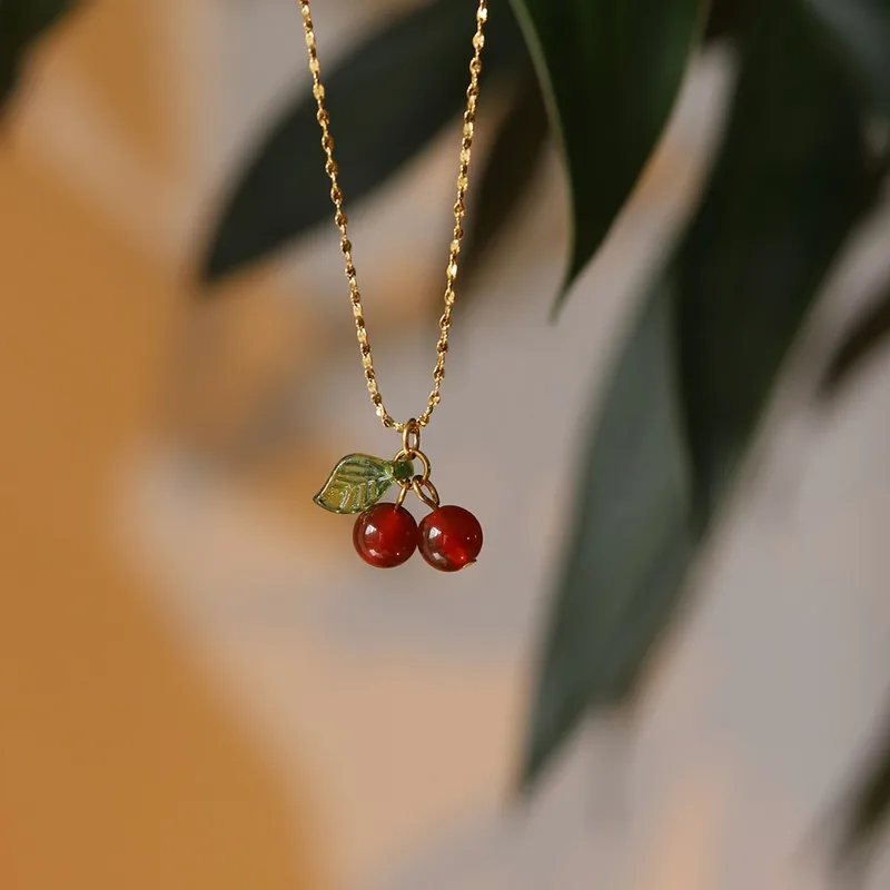 Wholesale PVD Coated Real Gold Plated 18K Gold Cherry 304 Stainless Steel IG Style Sweet Waterproof Non Tarnish 304 Stainless Steel Lobster Trier Clasp Closure Pendant Necklace