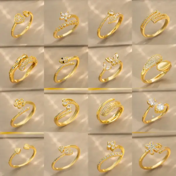 Wholesale Jewelry Elegant Classic Style Heart Shape Snake Butterfly Copper Zircon 18K Gold Plated K Gold Plated Inlay Open Rings