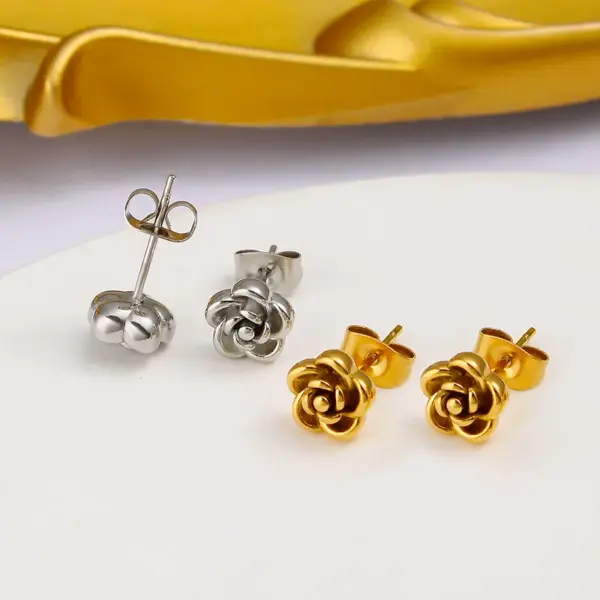 Wholesale 304 Stainless Steel Rose Flower PVD Coated 18K Gold Real Gold Plated French Style IG Style Waterproof Non Tarnish Gold Silver Ear Studs