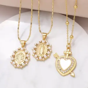 Wholesale 201 Stainless Steel Copper Bamboo Necklace 18K Gold Plated Plating Inlay Portrait Virgin Mary Heart Shape Zircon Pendant Necklace