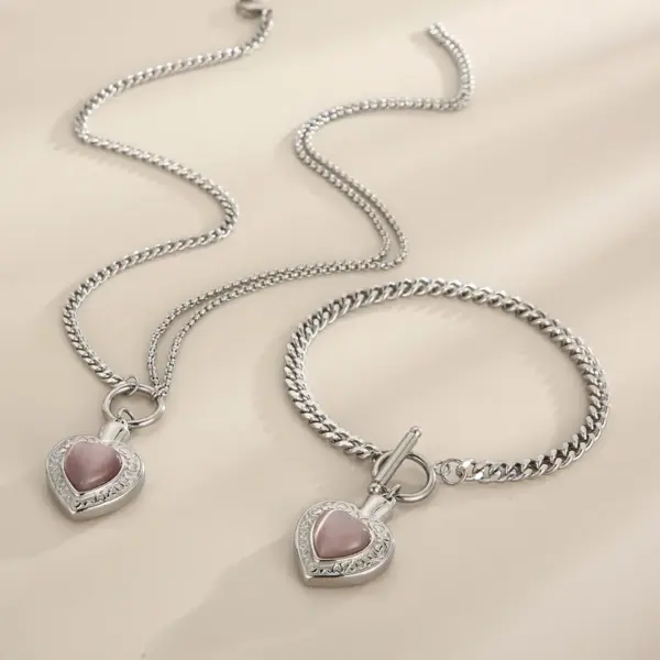 Wholesale Fashion Heart Shape Stainless Steel Inlay Opal Bracelets Necklace