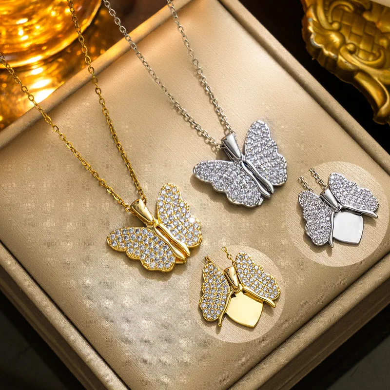 Wholesale PVD Coated Real Gold Plated 18K Gold Flower Butterfly Stainless Steel Sweet Waterproof Non Tarnish Titanium Steel Pendant Necklace