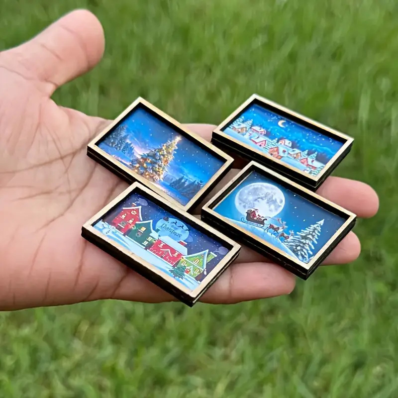 Wholesale 4-piece mini Christmas art wooden frame set | | Reindeer | Christmas Village | Miniature holiday scene toys