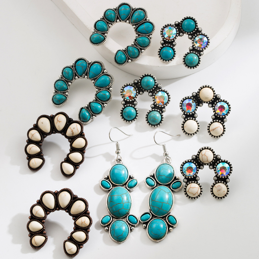 Wholesale European and American Creative New Ethnic Style Earrings Vintage Alloy Plated Ancient Sier Diamond Turquoise Geometric Pendant Earrings for