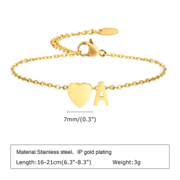 PVD Coated Real Gold Plated Letter Heart Shape 304 Stainless Steel Simple Style Waterproof Non Tarnish 304 Stainless Steel Bracelets