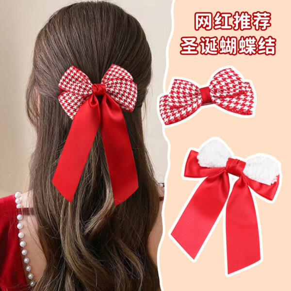 Wholesale New Year's Big Red Vintage Houndstooth Hairpin Bow Ribbon