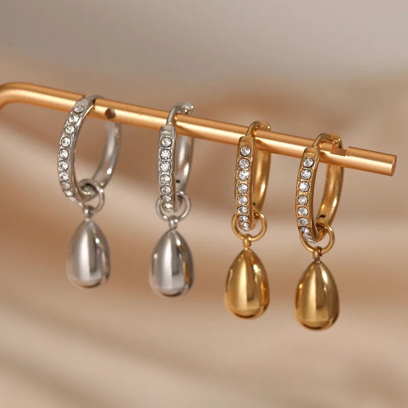 Wholesale PVD Coated Real Gold Plated 16K Gold White Gold Plated Water Droplets 304 Stainless Steel Elegant Modern Style Waterproof Non Tarnish Earrings
