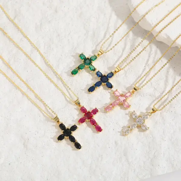 Wholesale Basic Cross Copper Irregular Plating Inlay Zircon 14k Gold Plated Necklace