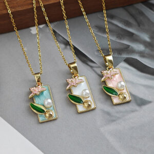 Wholesale Medieval Oil Painting Style Square Lily Necklace for Women French Retro Drip Glaze Design Clavicle Chain Exquisite High-End Necklace