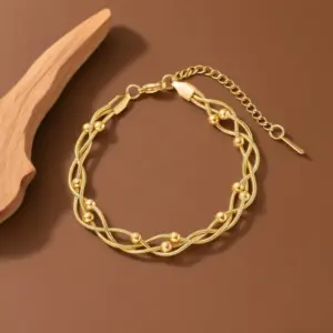 S02064-Three-layer Round Snake Bead Bracelet- Gold