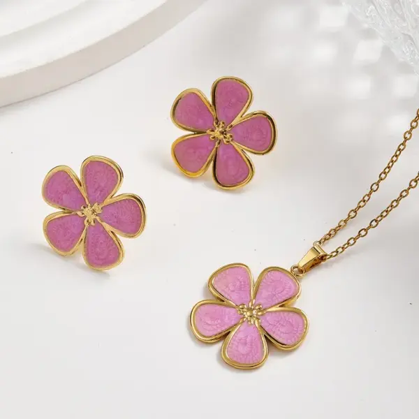 Wholesale European And American Trendy Fashion Ins Style Gold-Plated Imitation Gold 304 Stainless Steel Colorful Oil-Drip Flower Stud Earrings Necklace Set