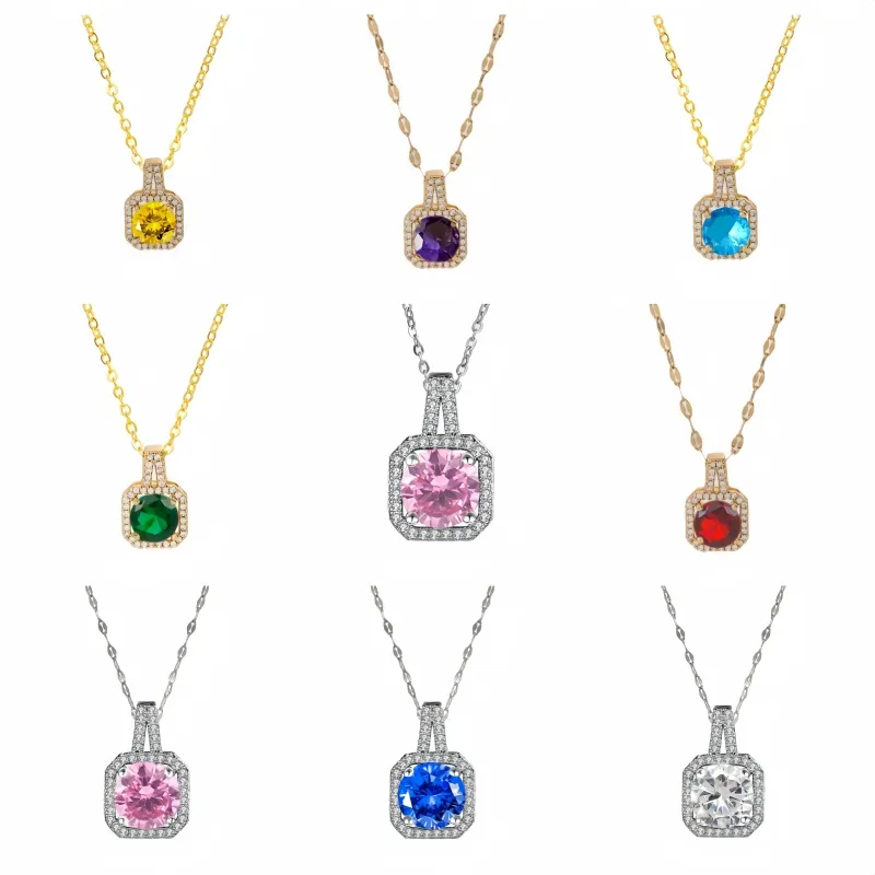 Wholesale 201 Stainless Steel White Gold Plated Gold Plated Classic Style Plating Inlay Square Glass Zircon Pendant Necklace