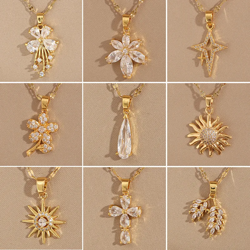 Wholesale 201 Stainless Steel Brass 18K Gold Plated Simple Style Classic Style Plating Inlay Cross Flower Planet Zircon Pendant Necklace