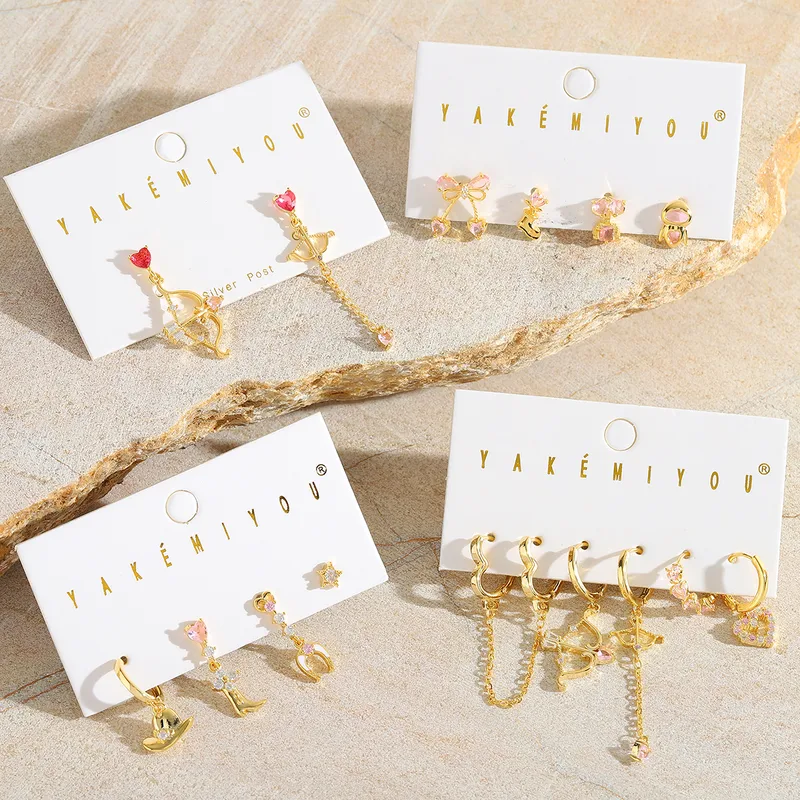 Wholesale 1 Set Elegant Cute Sweet Bow And Arrow Heart Shape Bow Knot Inlay 925 Sterling Silver Copper Zircon 14K Gold Plated Drop Earrings Earrings E