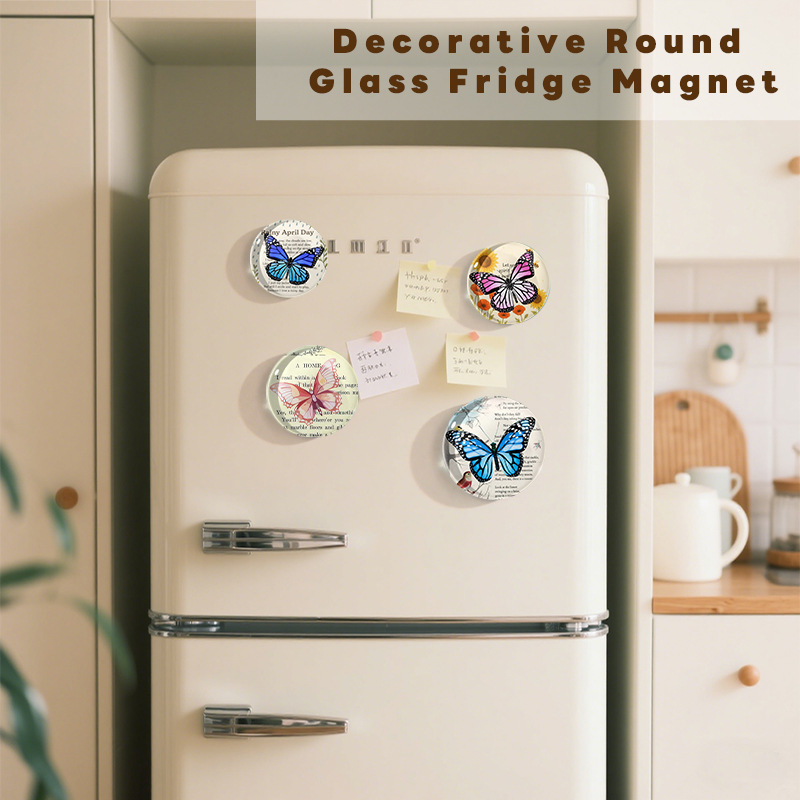 Wholesale Cross-border opshipping butterfly series round crystal glass refrigerator magnet set, cute animal decorative stationery soft magnetic sticke