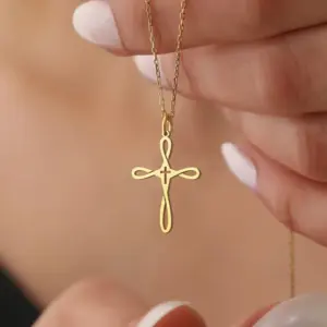 Wholesale 304 Stainless Steel Cross Ion Plating (IP) 18K Real Gold Plated Classical Basic Bohemian Waterproof Non Tarnish Cable Chain Pendant Necklace