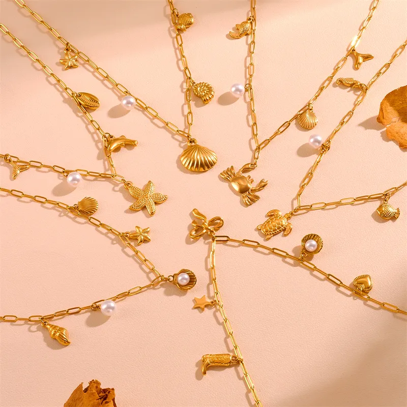 Wholesale 304 Stainless Steel Star Bow Knot Shell PVD Coated Pearl 18K Real Gold Plated Cute Sweet Waterproof Non Tarnish Hollow Out Inlay Cuban Link Chain Snake Chain Gold Pendant Necklace