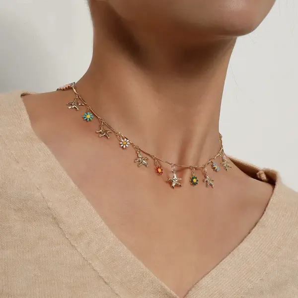 Wholesale Jewelry Casual Starfish Flower Copper Multi Charms Necklace Chain-free