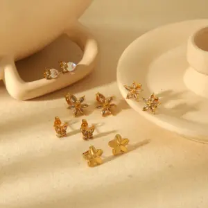 Wholesale PVD Coated Real Gold Plated 18K Gold Heart Shape Flower Butterfly 304 Stainless Steel IG Style Sweet Waterproof Non Tarnish Ear Studs