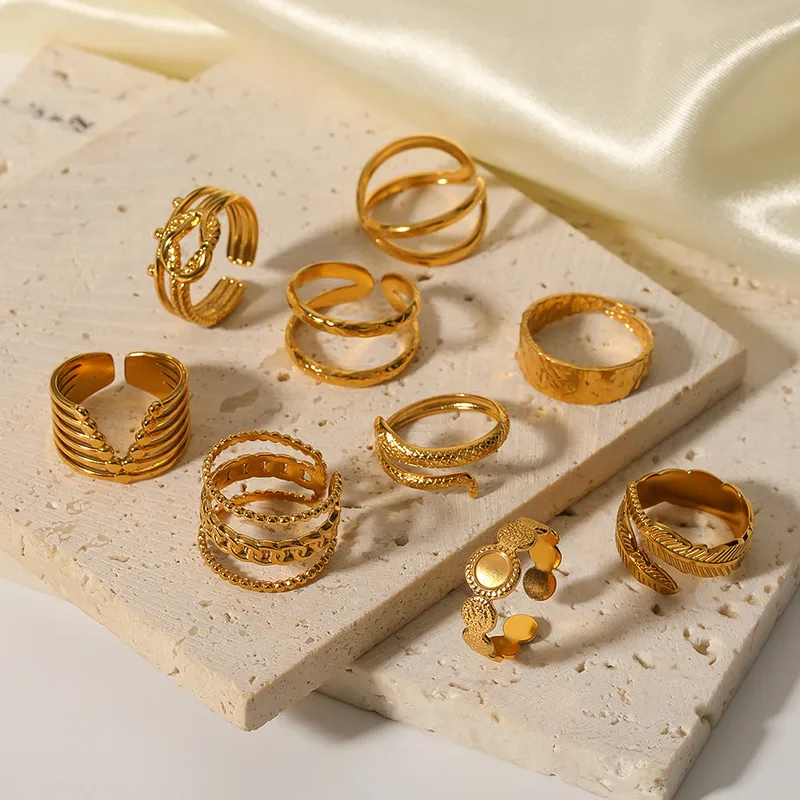 Wholesale PVD Coated 18K Gold Real Gold Plated Geometric Stainless Steel Ethnic Style Streetwear Waterproof Non Tarnish Open Ring