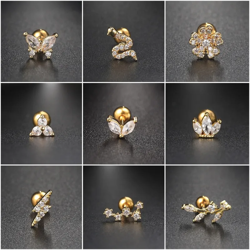 Wholesale Fashion Flower Snake Butterfly Copper Plating Inlay Zircon Ear Studs 1 Piece