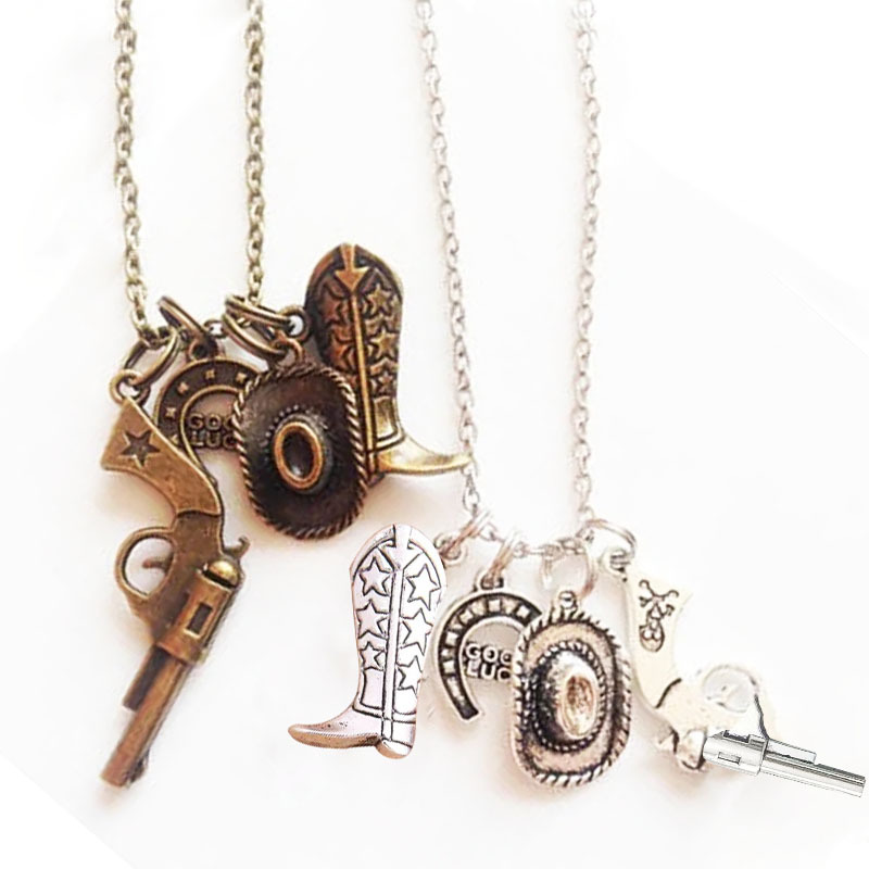 Wholesale Vintage sier Bronze Cowboy Hat Boots Gun Horseshoe Necklace Denim Jewelry Texas Farm Necklace