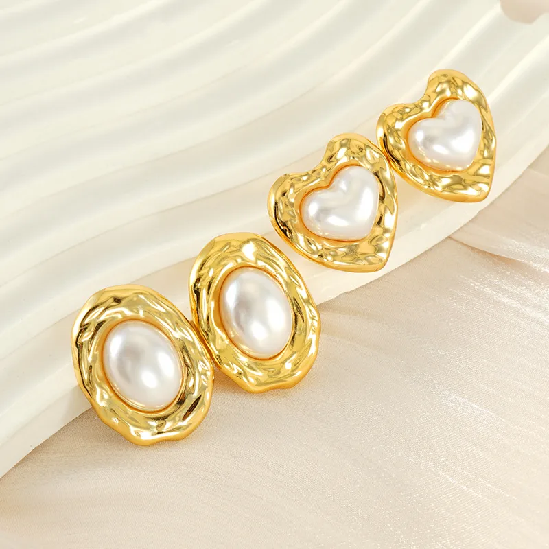 Wholesale 1 Piece Simple Style Classic Style Square Oval Heart Shape Plating Inlay 304 Stainless Steel Artificial Pearls 18K Gold Plated Ear Studs
