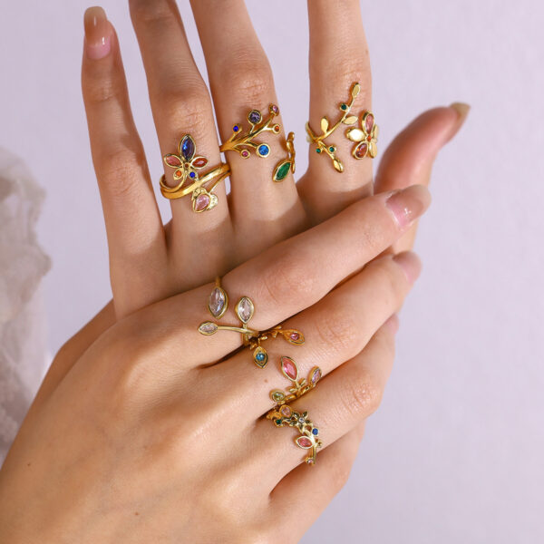 Wholesale rainbow zircon leaf ring women's 18K gold titanium steel open ring