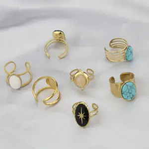 Wholesale Jewelry Simple Style Geometric 304 Stainless Steel Natural Stone 18K Gold Plated Hollow Out Open Ring