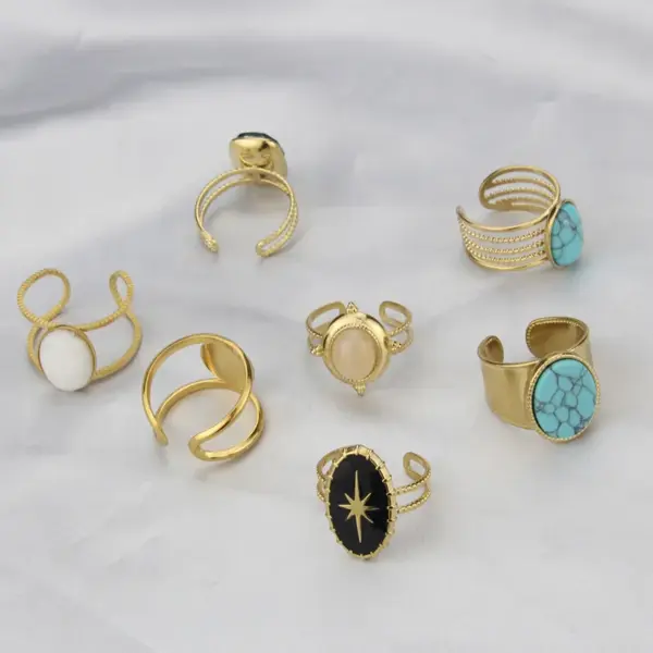Wholesale Jewelry Simple Style Geometric 304 Stainless Steel Natural Stone 18K Gold Plated Hollow Out Open Ring