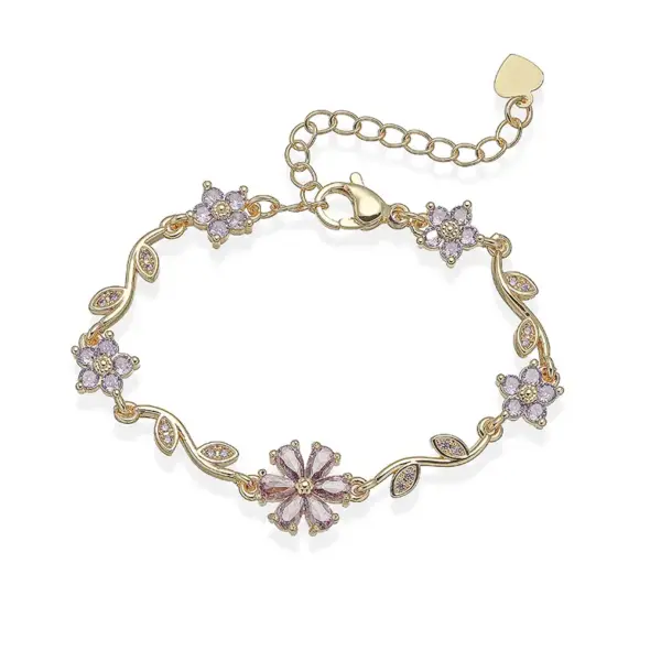 Wholesale Luxurious Copper Embedded Colorful Diamond Five-Petal Flower Branch Leaf Bracelet Creative Versatile Elegant Jewelry Accessory