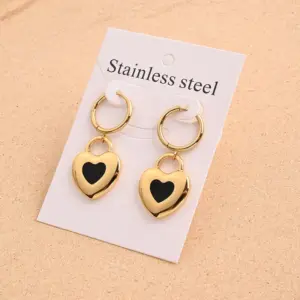 Black Drip Double Love Heart Earrings (Gold)【Needle Thickness: 0.8mm】 / 1 Pair/Package