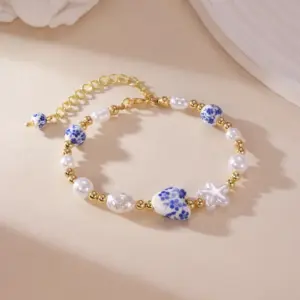 Heart-Shaped Blue and White Porcelain Beaded Bracelet
