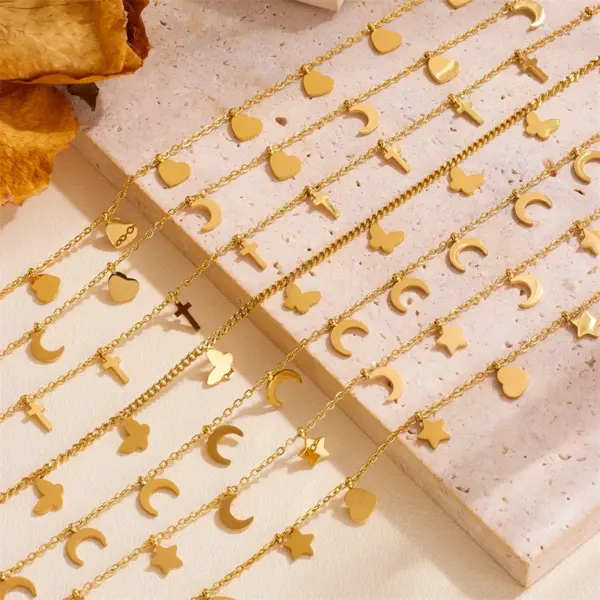 Wholesale 304 Stainless Steel Moon Heart Shape Butterfly PVD Coated 18K Real Gold Plated Elegant Waterproof Non Tarnish Plating Gold Necklace