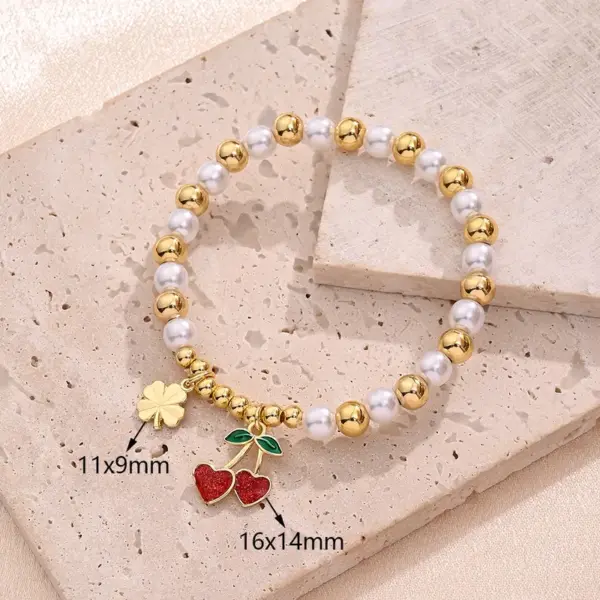 Wholesale IG Style Pentagram Cherry Heart Shape 18K Gold Plated Zircon Imitation Pearl Copper Beaded Chain Beaded Bracelets Wholesale