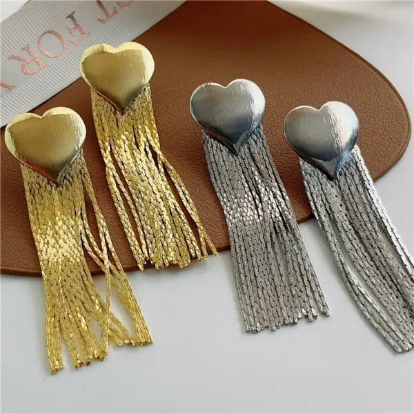 Water Plating Real Gold Plated Tassel Heart Shape Titanium Steel Elegant Exaggerated Waterproof Non Tarnish Drop Earrings