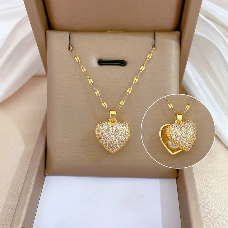 Wholesale 304 Stainless Steel Artificial Pearls Zircon Heart Shape Sweet Coee Bean Chain Pendant Necklace For Women'S