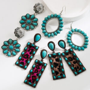 Wholesale European and American Exaggerated Earrings Women's Retro Oval Turquoise Hollow Geometric Leopard Leather Earrings Foreign Trade Jewelry