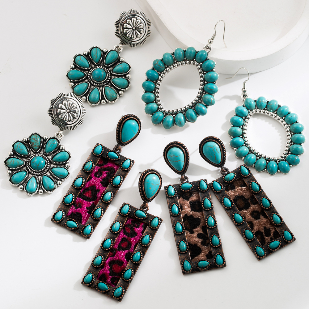Wholesale European and American Exaerated Earrings Women's Retro Oval Turquoise Hollow Geometric Leopard Leather Earrings Foreign Trade Jewelry