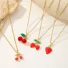 Wholesale Jewelry Cute Sweet Cherry Strawberry 304 Stainless Steel Copper Zircon 18K Gold Plated Enamel Inlay Pendant Necklace