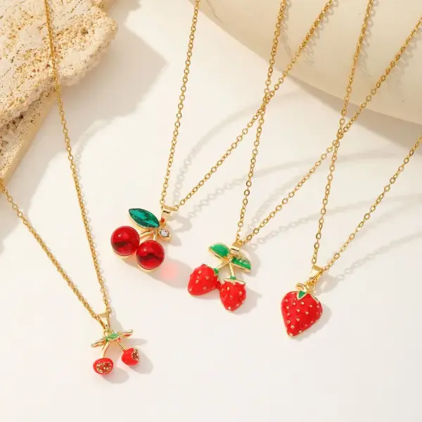 Wholesale Jewelry Cute Sweet Cherry Strawberry 304 Stainless Steel Copper Zircon 18K Gold Plated Enamel Inlay Pendant Necklace