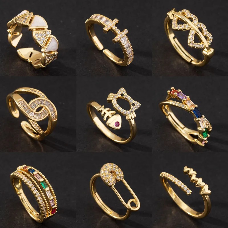 Wholesale 1 Piece Fashion Letter Heart Shape Cat Copper Inlaid Zircon Artificial Pearls Open Ring