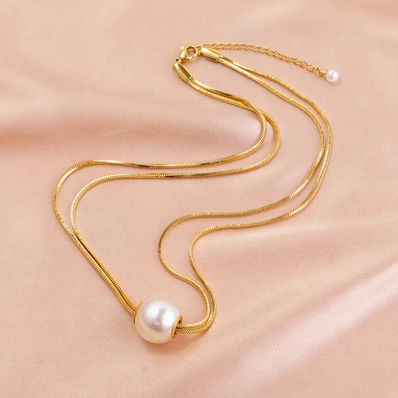 Wholesale Lady Geometric Imitation Pearl Titanium Steel Pearl Layered Necklaces