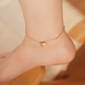 J074-Ball Bead Heart Anklet- Gold