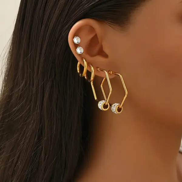 Three Pairs Fashion 304 Stainless Steel 18K Gold Plated Diamond Inlaid Asymmetric Star Circle Earrings Set For Women