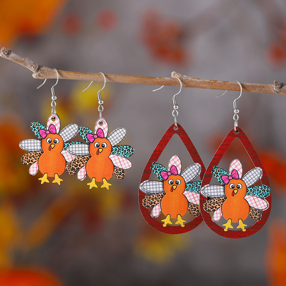 Wholesale Cross-Border New Autumn Harvest Thanksgiving Cute Turkey Water op Hollow Pendant Earrings Wooden Double-Sided Earrings