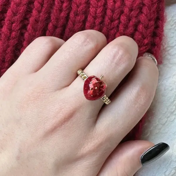 Wholesale Jewelry Cute Vintage Style Cherry Strawberry Brass Zircon 18K Gold Plated Open Rings