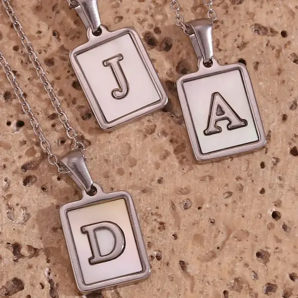 Wholesale 304 Stainless Steel Letter Square PVD Coated Shell Simple Style Waterproof Non Tarnish Inlay Cable Chain White Silver Pendant Necklace
