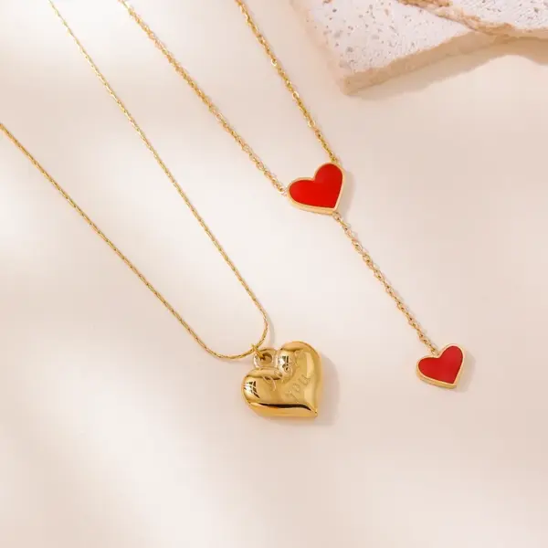 Wholesale New Fashion Titanium Steel Necklace Women Non-fading Heart Shaped Red Double Love Lockbone Chain Jewelry Luxury Design
